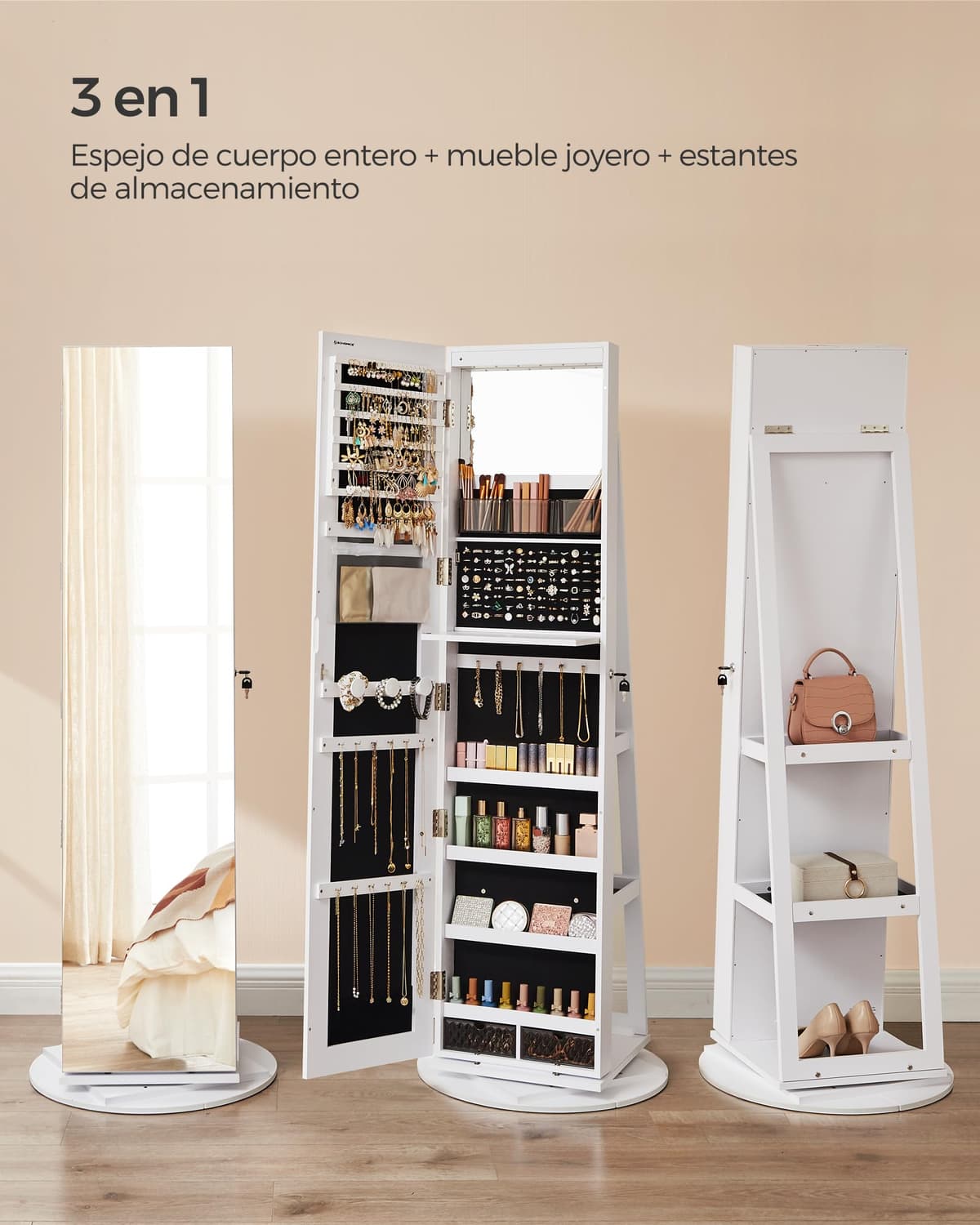 SONGMICS Espejo Joyero con 6 LEDs, Armario de Joyas de Giro de 360°, Organizador de Joyas Giratorio, sin Marco, Espejo Completo con Almacenaje,dia de la madre,Superficie Blanco y Forro Negro JJC007W01 — view 4