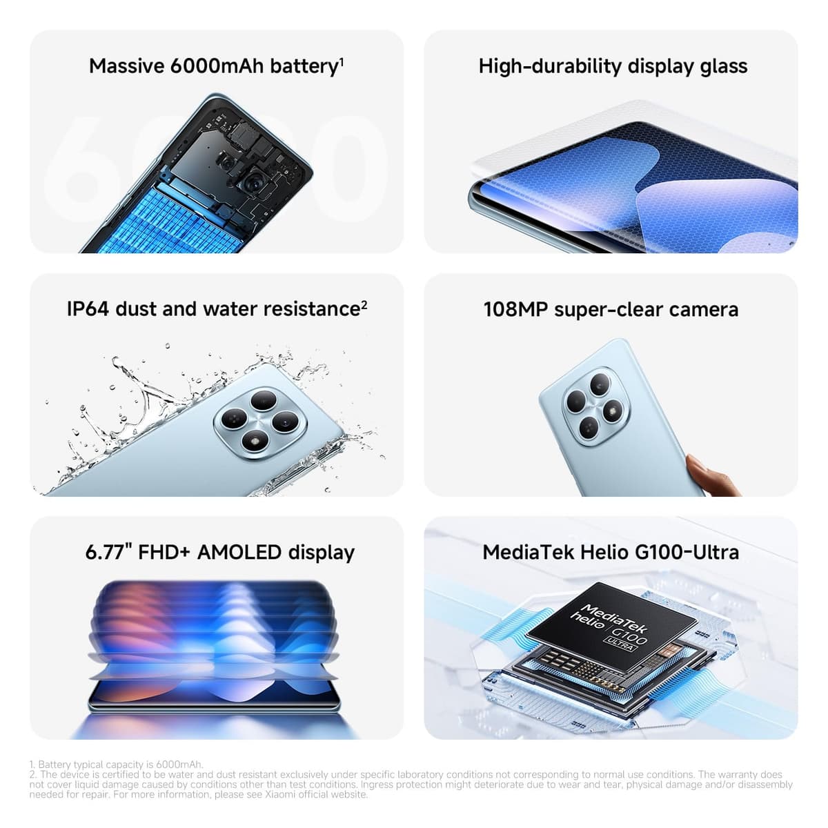 XIAOMI Redmi Note 15, Smartphone 6+128 GB, Massive 6000mAh Battery, Water Resistance, 108MP Super-clear Camera, 6.77" FHD+ Display, Glacier Blue, Warranty 2 years, Charger Not Included — view 3