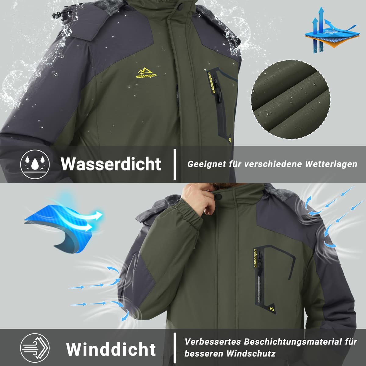KEFITEVD Hombre Impermeables Lana Chaquetas Impermeables Esquí Cálidos Invierno Abrigos Térmicos Exteriores Abrigos con Capucha Desmontable — view 2