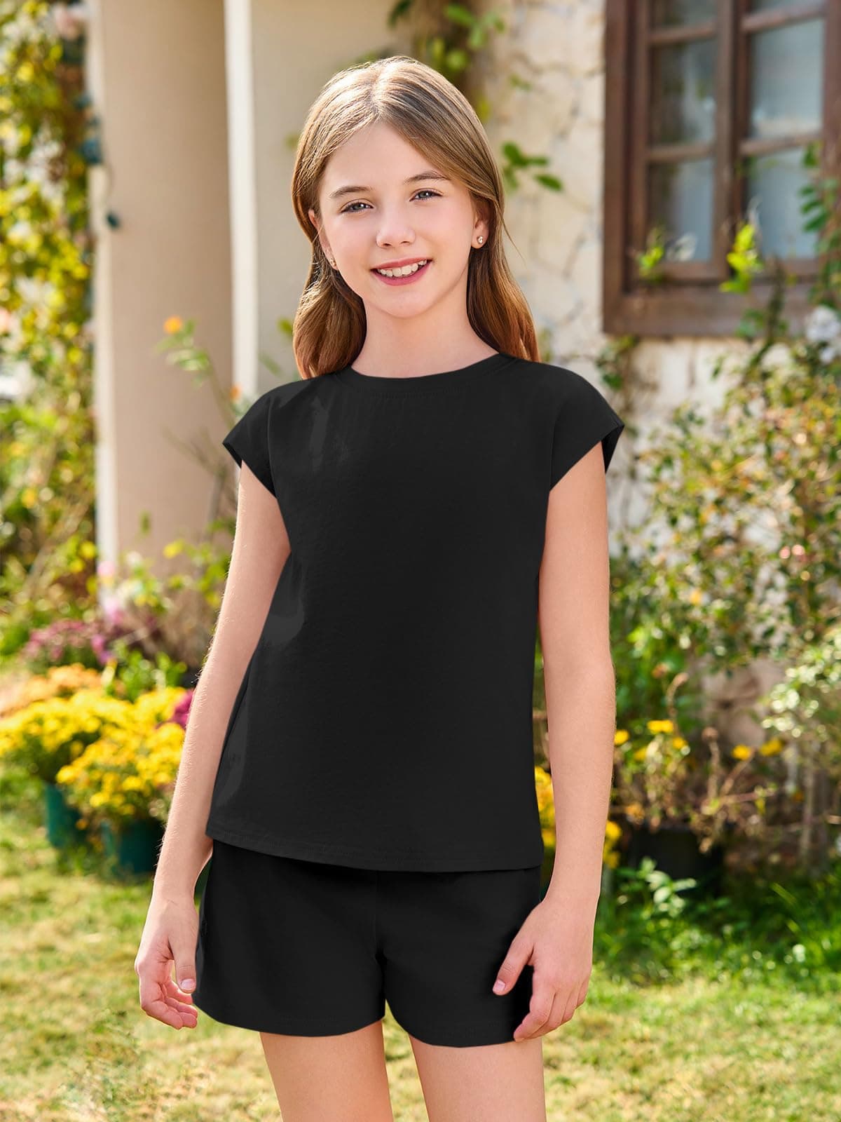 Haloumoning Conjuntos de ropa de verano para niña, informal, manga corta, camiseta con pantalones cortos elásticos, monocolor — view 2