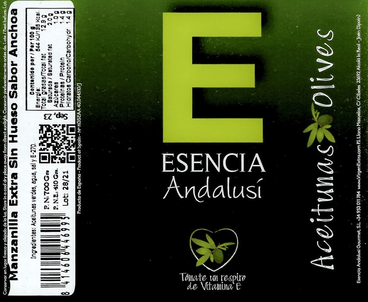 Aceituna verde Manzanilla Extra sin hueso Esencia Andalusí sabor Anchoa. Categoria Gourmet 700 grs — view 3