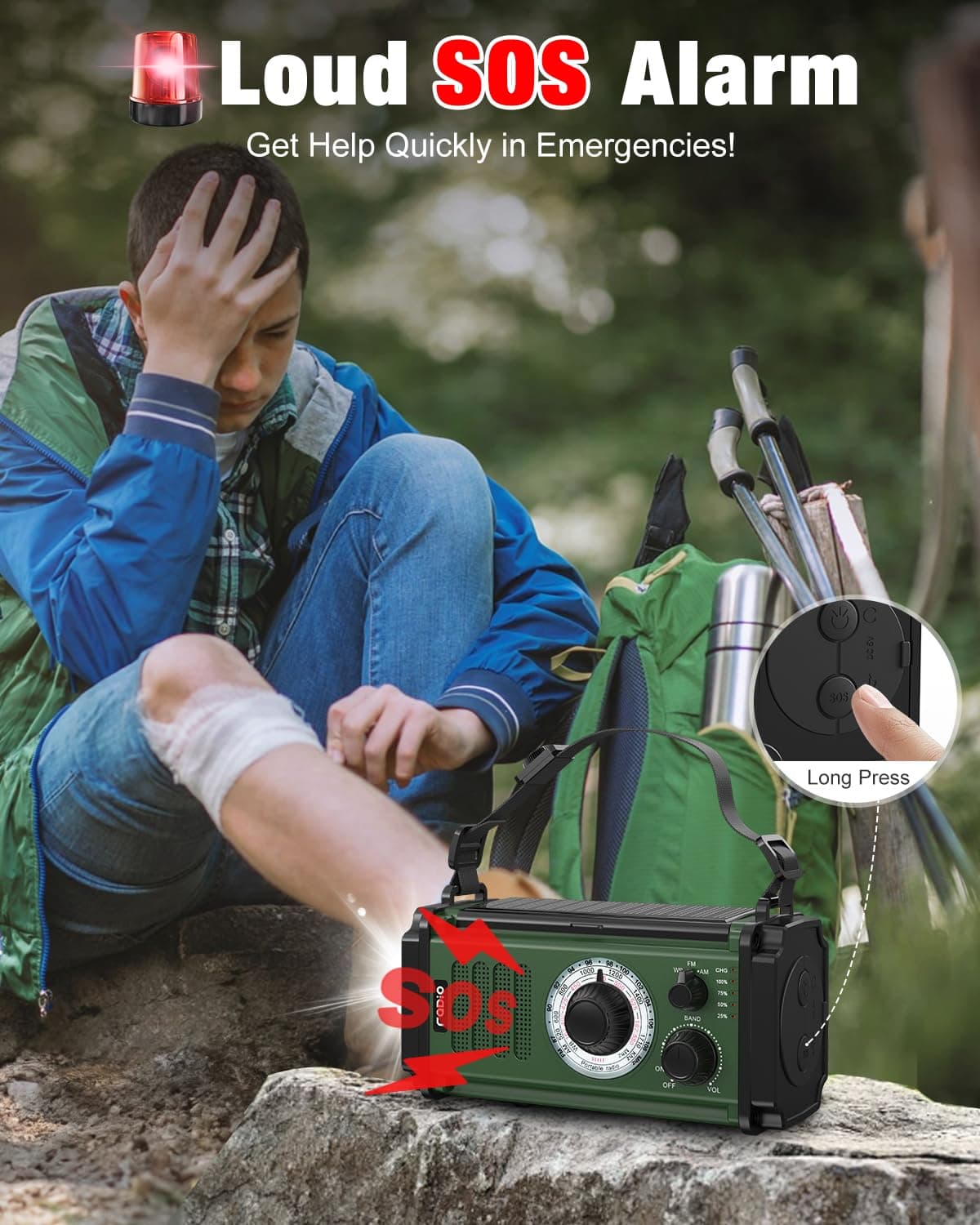 10000mAh/37000mWh Wind Up Solar Radio, AM/FM Hand Crank Emergency Weather Radio, 4 Charging Methods, Polymer Battery, Flashlight & Reading Lamp, SOS Alarm, Phone Charger for Emergency, Green — view 6