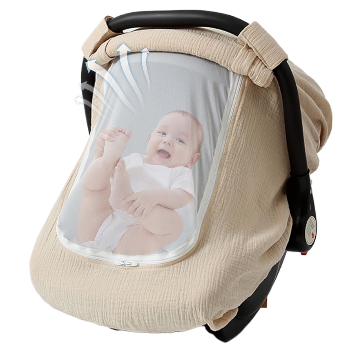 Car Seat Cover Baby 360 Protection Cotton Gauze Baby Car Seat Cover with Breathable Mesh Fabric Lightweight for Boys Girls, Light Khaki