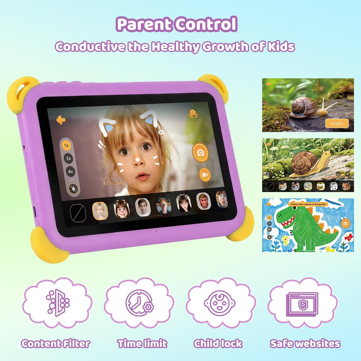 Kids Tablet 7 inch Android 15 Tablet for Kids, 20GB+64GB (TF 1TB), Android Tablet with Parental Control, AI Dual Cam & Learning, WiFi 6/BT 5.3, Widevine L1, Kid Tablet with Protective Case - Purple — view 5