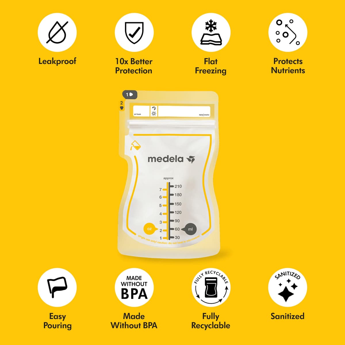 Medela Easy Pour Disposable Breast Milk Storage Bags, 7 oz/210 ml Capacity, Leakproof Design with Milk Protection, Made Without BPA, Pack of 100 — view 3
