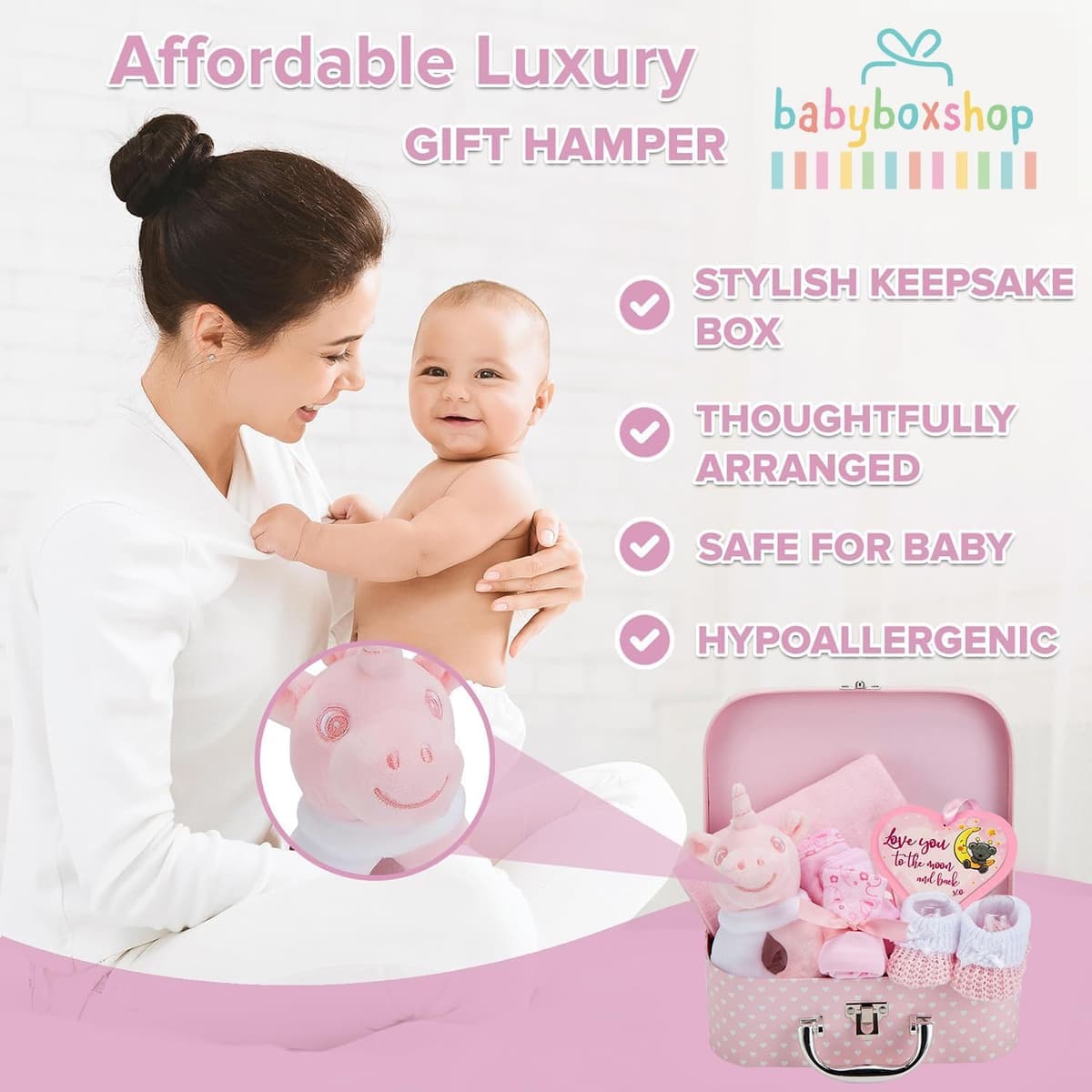 Baby Box Shop Baby Girl Gift Set Newborn Essentials in a Keepsake Box - All-in-One Ready-to-Gift Baby Shower Gift for Girls with Rattle Bib Booties Mittens Hat Muslin Cloth - Premium Baby Girl Hamper — view 4