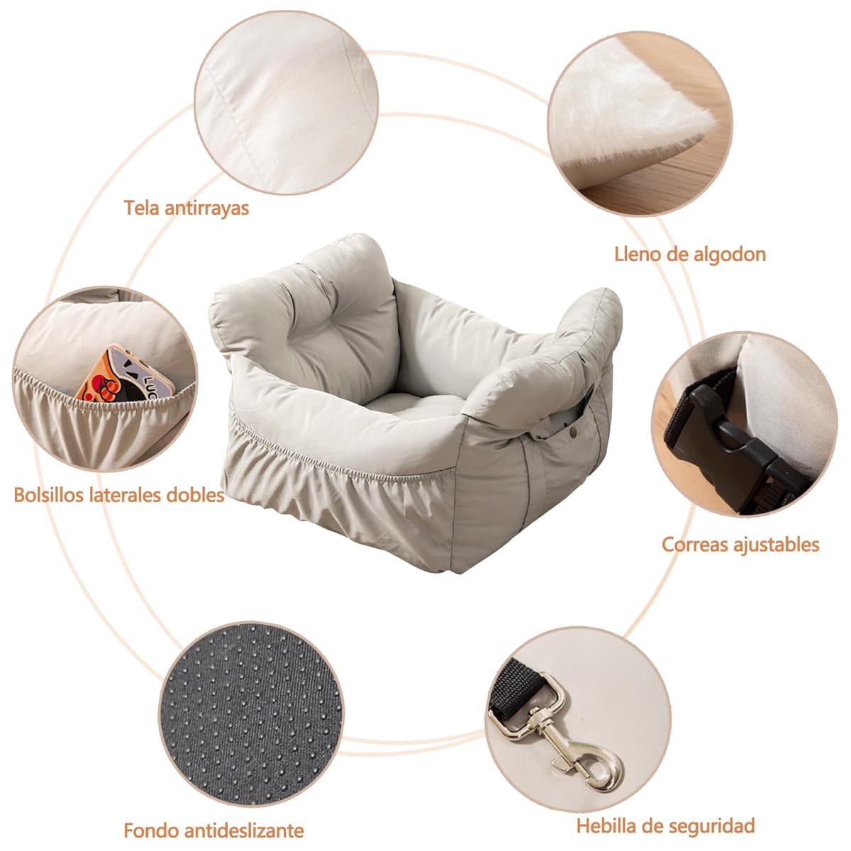 Galatée Asiento Elevador para Mascotas para El Coche, Asiento para Perros para El Coche, Bolsa para Perros con Cuerda De Tracción De Seguridad, Bolso para Mascotas con Bolsillos Grandes(Gris) — view 4