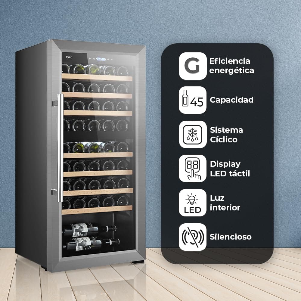 SVAN Vinoteca 45 Botellas Negro SVN4500D. 85W, 2 Zonas Independientes, Display LED táctil, Pantalla Digital Exterior, 7 Baldas de Madera, 1 Rejillas Metálicas, Clase de Eficiencia Enérgetica G — view 4