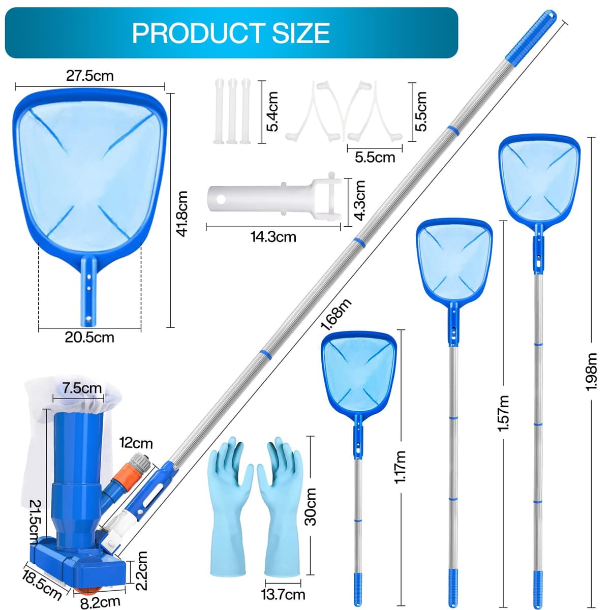 Aspirador de Piscina, Aspiradoras de Mano para Piscinas con 4 Postes de Aluminio Extraíbles y Skimmers para Piscinas, Kit de Limpieza Piscina para Bañera de Hidromasaje de Fuente de Piscina — view 2