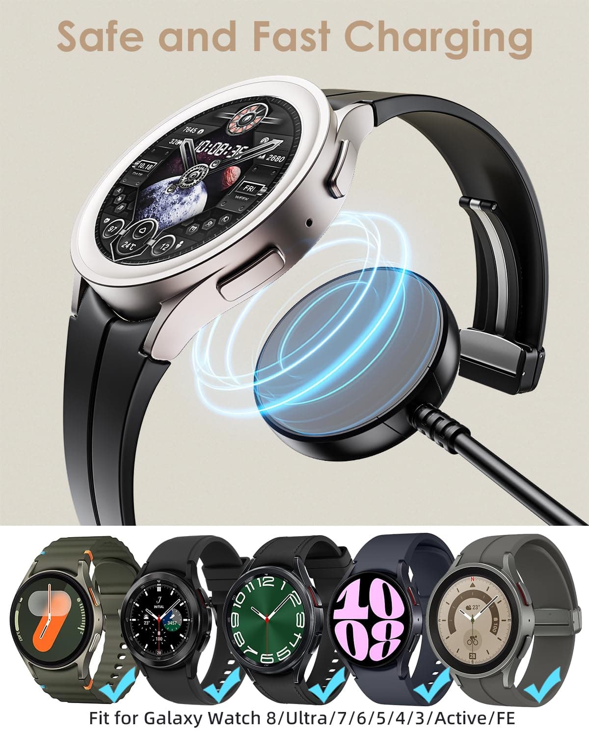 Charger for Samsung Galaxy Watch Charger Compatible with Galaxy Watch 8/8 Classic/Ultra/7/6/6 Classic/5/5 Pro/4/4 Classic/3/Active 2/Active/FE USB A Magnetic Charging 100cm — view 2