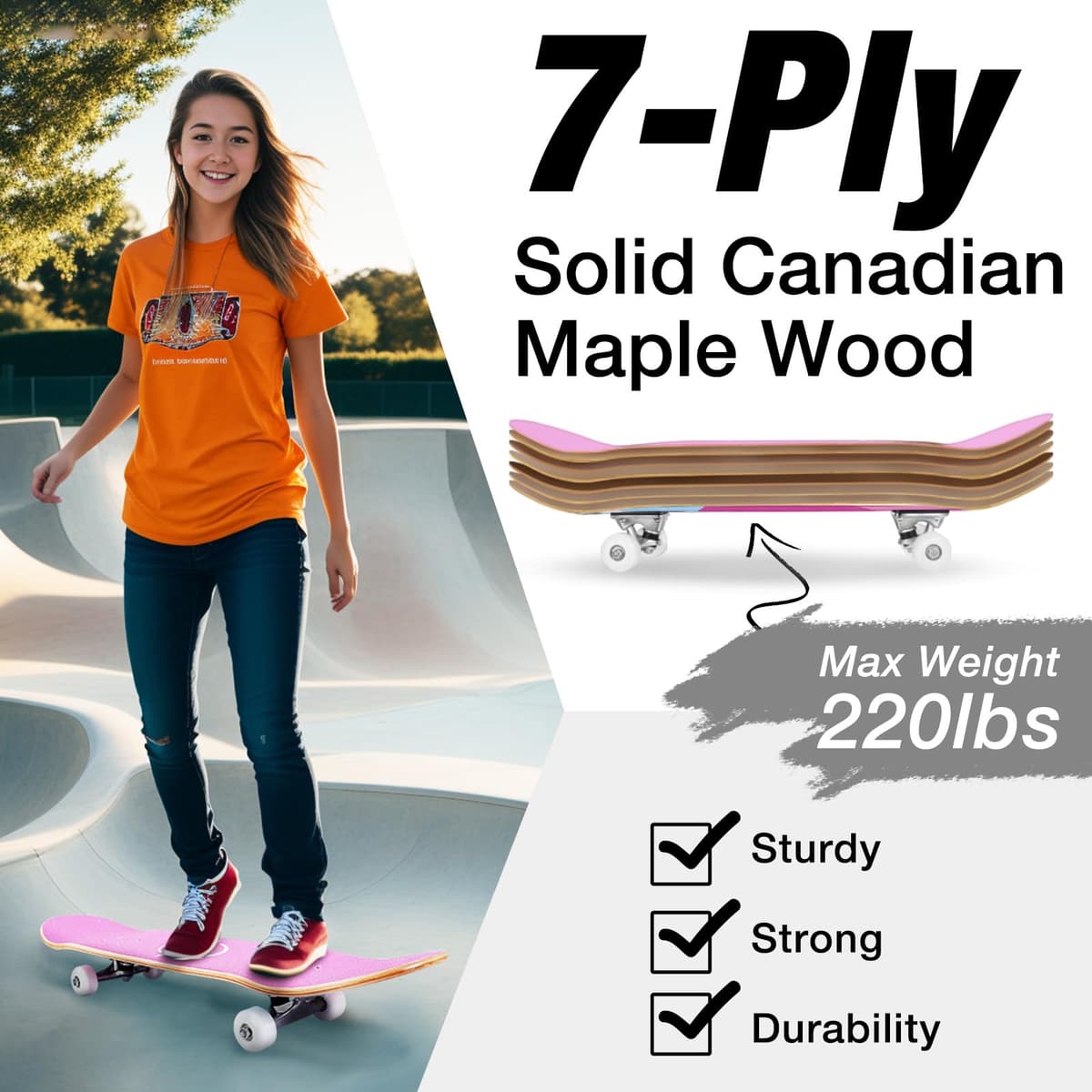 BELEEV Skateboards 31x8 para Principiantes, Niños, Adolescentes y Adultos, Completo Pro Cruiser Skateboard para Niña Niño, Arce Canadiense de 7 Capas, Doble Bandeja Cóncava, con Herramienta en T — view 2
