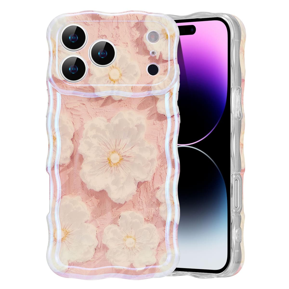 EYZUTAK Case for iPhone 16, Colorful Retro Oil Painting Printed Flower Laser Glossy Pattern Cute Curly Wave Edge Exquisite Phone Cover Stylish Durable TPU Protective Case for Girl Women-Green — view 45