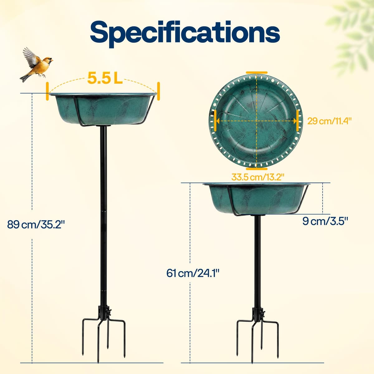 VIVOHOME Bird Bath for Garden, Metal Vintage Freestanding Birdbaths, Upgraded 4-Pronged Base, Bird Baths Feeder Bowl for Outdoor Garden Patio Yard Lawn Decor Green — view 3