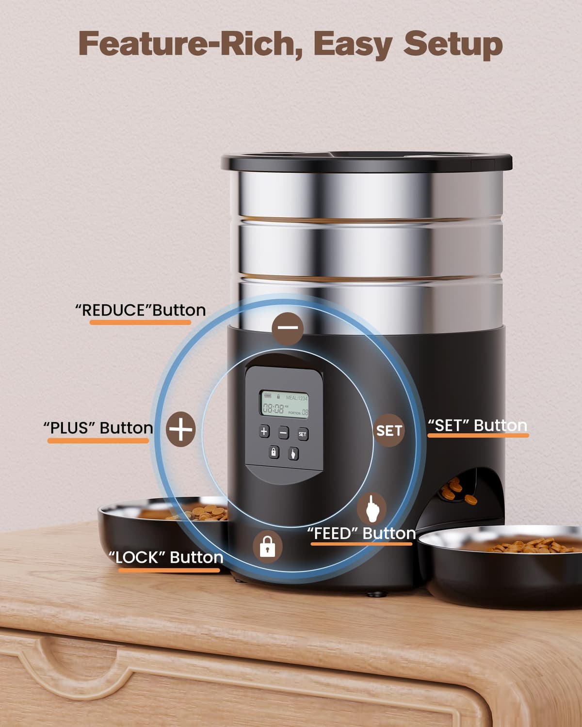 Automatic Cat Feeder Double Bowls: Stainless Steel Cat Food Dispenser – 5L Dog Feeder with Programmable Timer for Indoor – Food Dispenser for Small/Medium Pets — view 9
