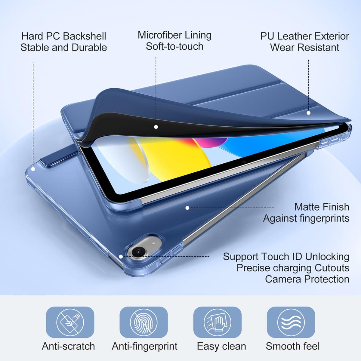 Case with Screen Protector for iPad A16 11th 10th Generation (2025/2022, 11/10.9 Inch), Slim Hard Translucent Back Full Protective Smart Cover for iPad 11, Auto Sleep/Wake, Sea Blue — view 4