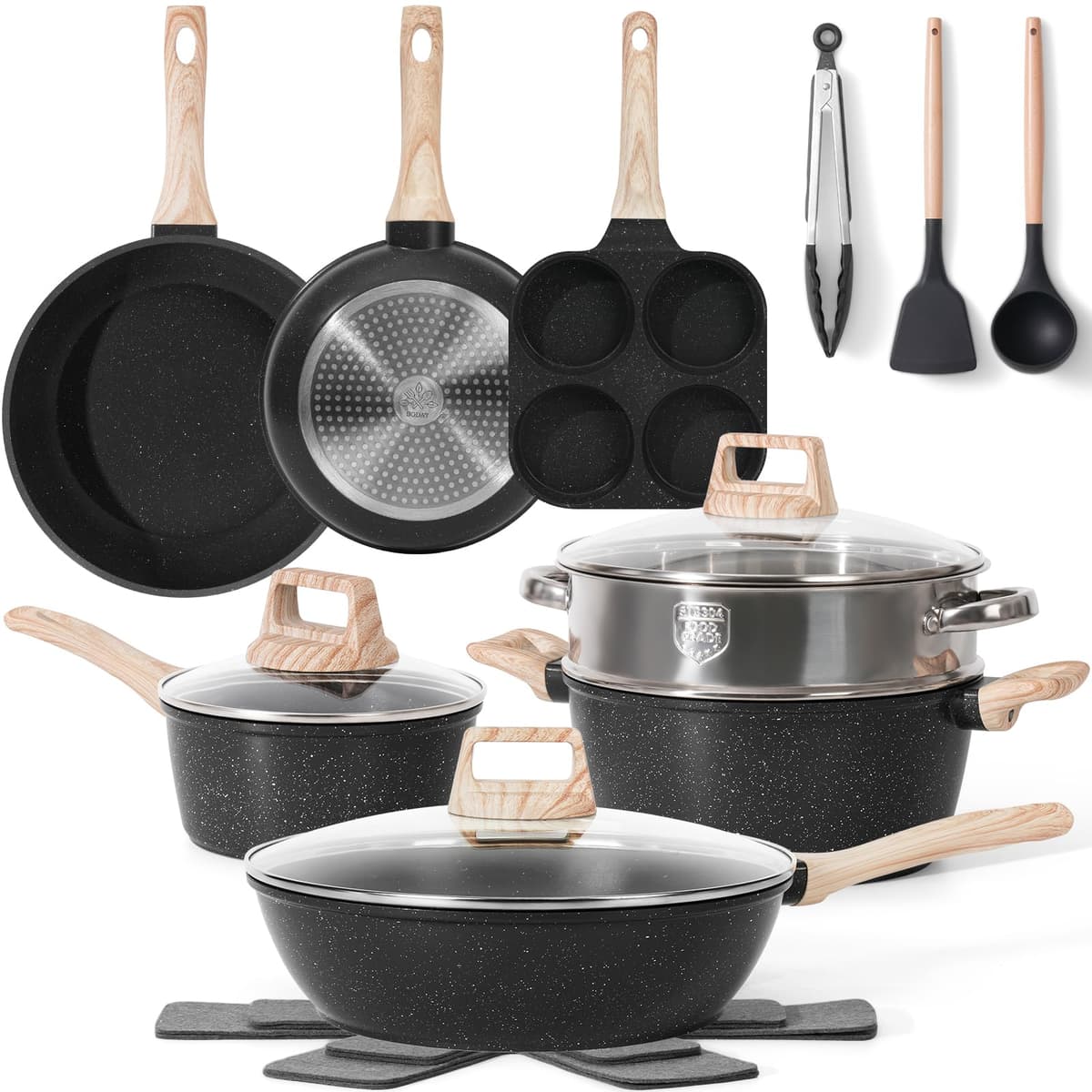 12 Pcs Pots and Pans Set Non Stick, Cookware Sets White Granite Induction Cookware, Non-toxic Healthy Nonstick Kitchen Cooking Set with Frying Pan Set, Saucepans (PFAS/PFOA/PFOS Free) — view 12