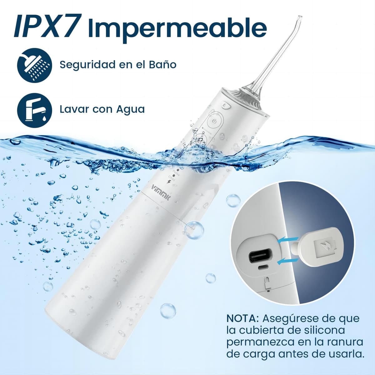 Irrigador Bucal Portatil, Vimmk Irrigador Dental Inalámbrico Profesional 8 Boquillas 5 Modos, IPX7 Impermeable 300ML USB-C Recargable Para Limpieza Dientes, Para el Hogar y los Viajes (Blanco) — view 4