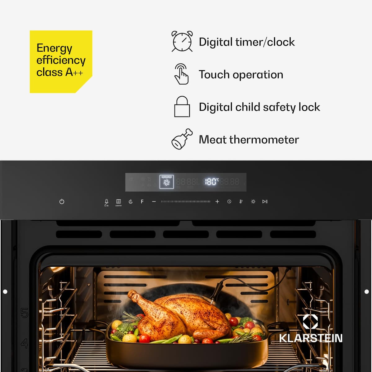 Klarstein Airjet Built In Oven - 72L Electric Oven with Airfryer Mode, 13 Cooking Functions, Touch Control, Enamel Interior, A++ Energy, Triple Glazed, Integrated Single Oven, Black — view 4