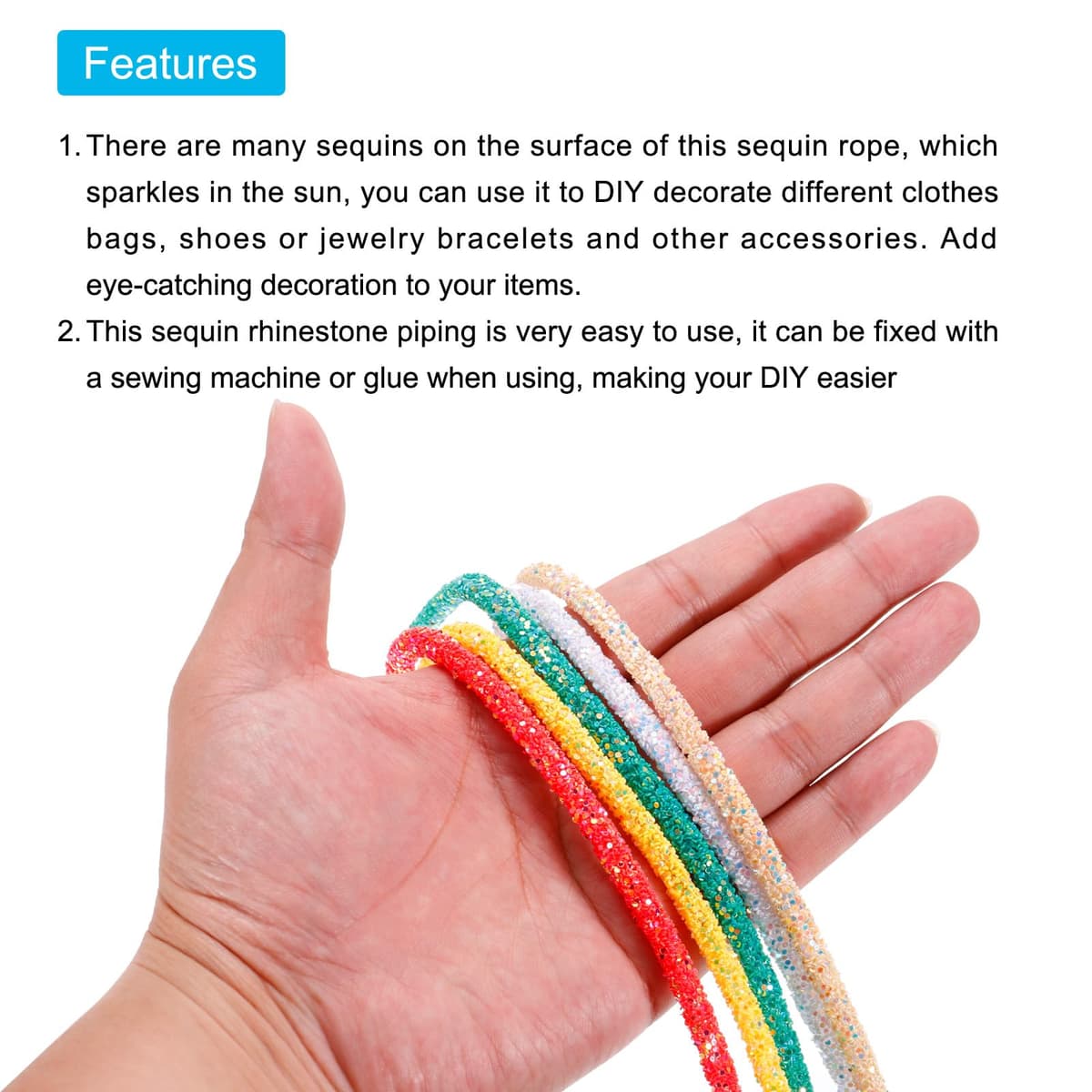 sourcing map 5 Yard 6mm 0.24 inch Glitter Sequins Rope Sequins Rhinestone Tube Cord for DIY Wedding Dresses Costume Clothing Shoes Jewelry Accessory Gray Silver — view 4