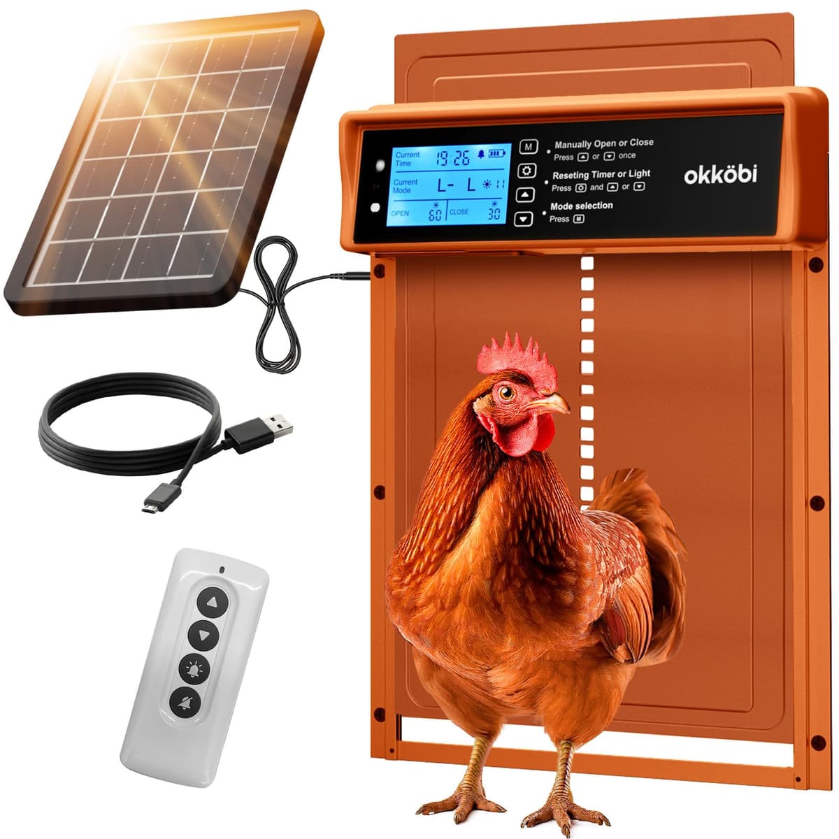 Okkobi Automatic Chicken Coop Door Solar Powered - LCD Display - Chicken Coop Door with Remote Control, Light Sensor & Timer - Security & Peace of Mind: Anti-Pinch Function - 5-Year Protection - Grey — view 3