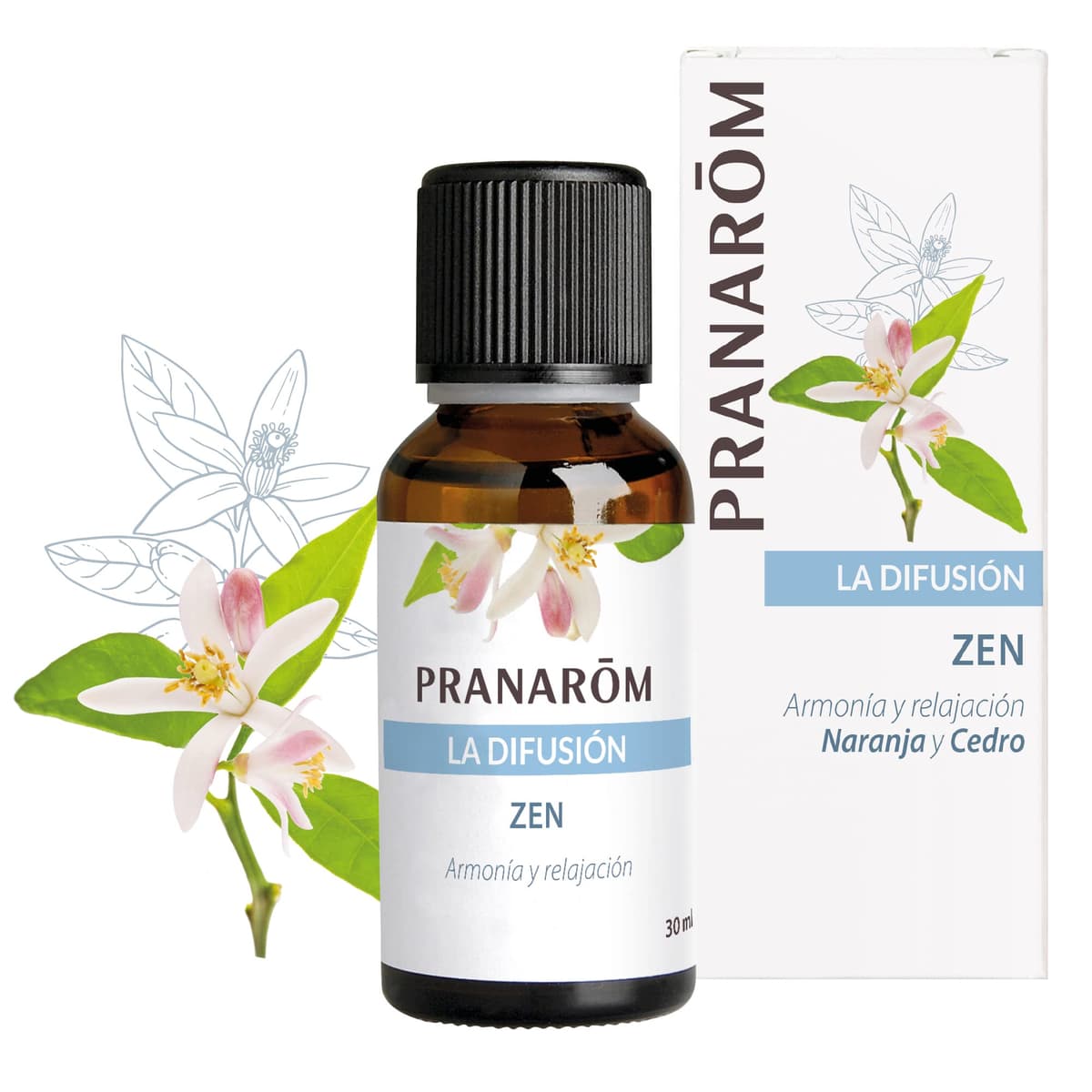 PRANAROM - Zen - Difusión - Aceites Esenciales 100% Puros, Naturales y Bio - Mezcla Que Favorece la Relajación y la Tranquilidad - Cítricos Calmantes y Cedro Mistico - Difusión Atmosférica - 30ml