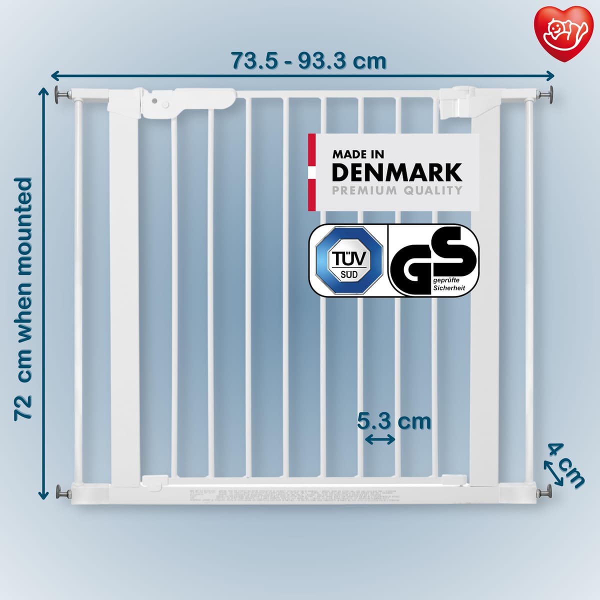 BabyDan Premier, Pressure Fit Stair Gate, 73.5-93.3 cm, Baby Gate/Safety Gate, Metal, White, Made in Denmark - (Pet Gate/Dog gate) — view 2