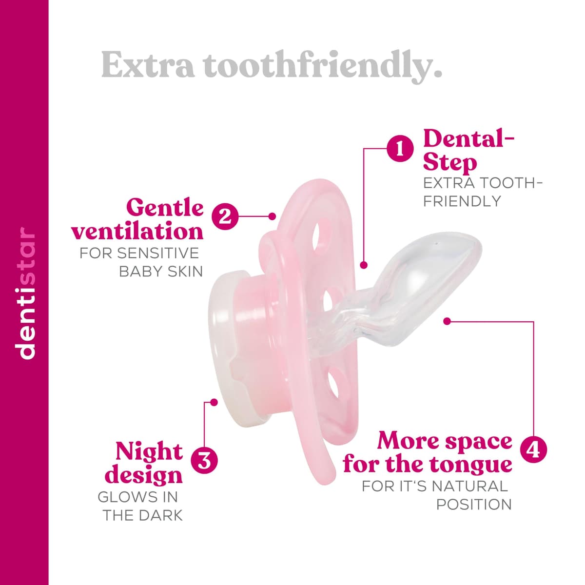 dentistar Night Silicone Soother Set of 3 - Size 3, from 14 Months - Silicone Soother with Dental Step - Glow in The Dark Baby Dummy - Made in Germany - Moon, Yellow — view 3