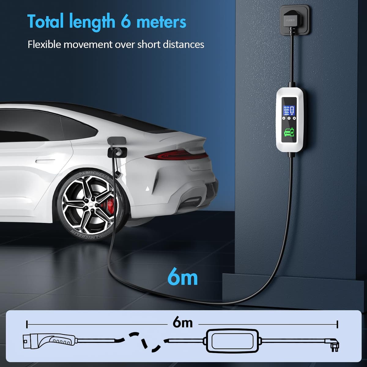 FNITAER EV Charger Cable Type 2 to 3 Pin Plug 2.99kw, 6M, 8/10/13A, Adjustable Current EV Charger,With LED Screen Timing Delay IP66/IP65, With Carry Bag and Type 2 EV Cable Holder for EVs and PHEVs — view 5