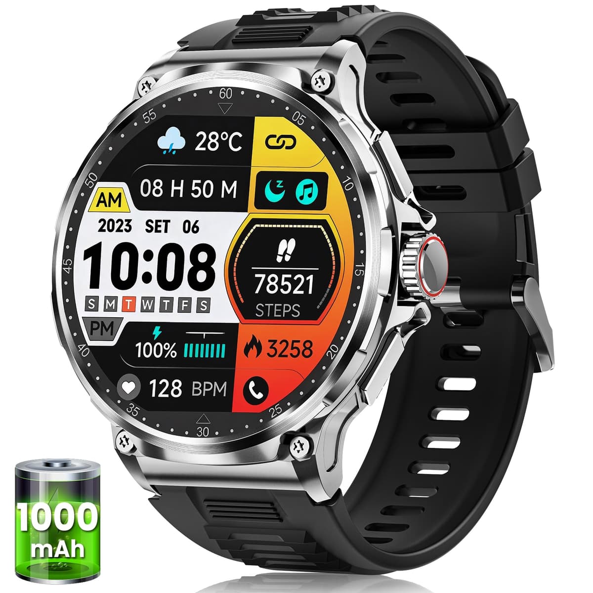 Reloj Inteligente Hombre con 1000mAh Batería, 1.92" AMOLED, 5ATM Impermeable Smartwatch Militar con Llamadas, 120+ Modos Deportivos, 24/7 Pulsómetro/Sueño/Podómetro Pulsera Actividad Android iOS Negro — view 10