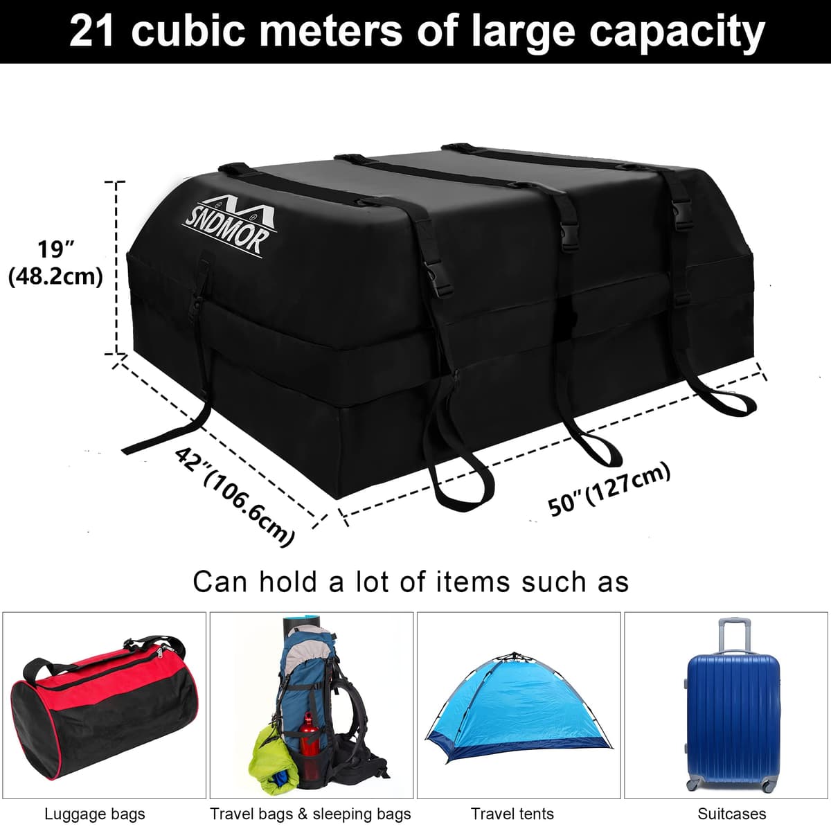 SNDMOR Bolsa de Techo, 595L/21 Pies Cúbicos de Equipaje de Techo Impermeable, Adecuada para Todos Los Vehículos con/Sin Portaequipajes, Incluye Alfombra Antideslizante + 6 Correas de Refuerzo (Negro) — view 2