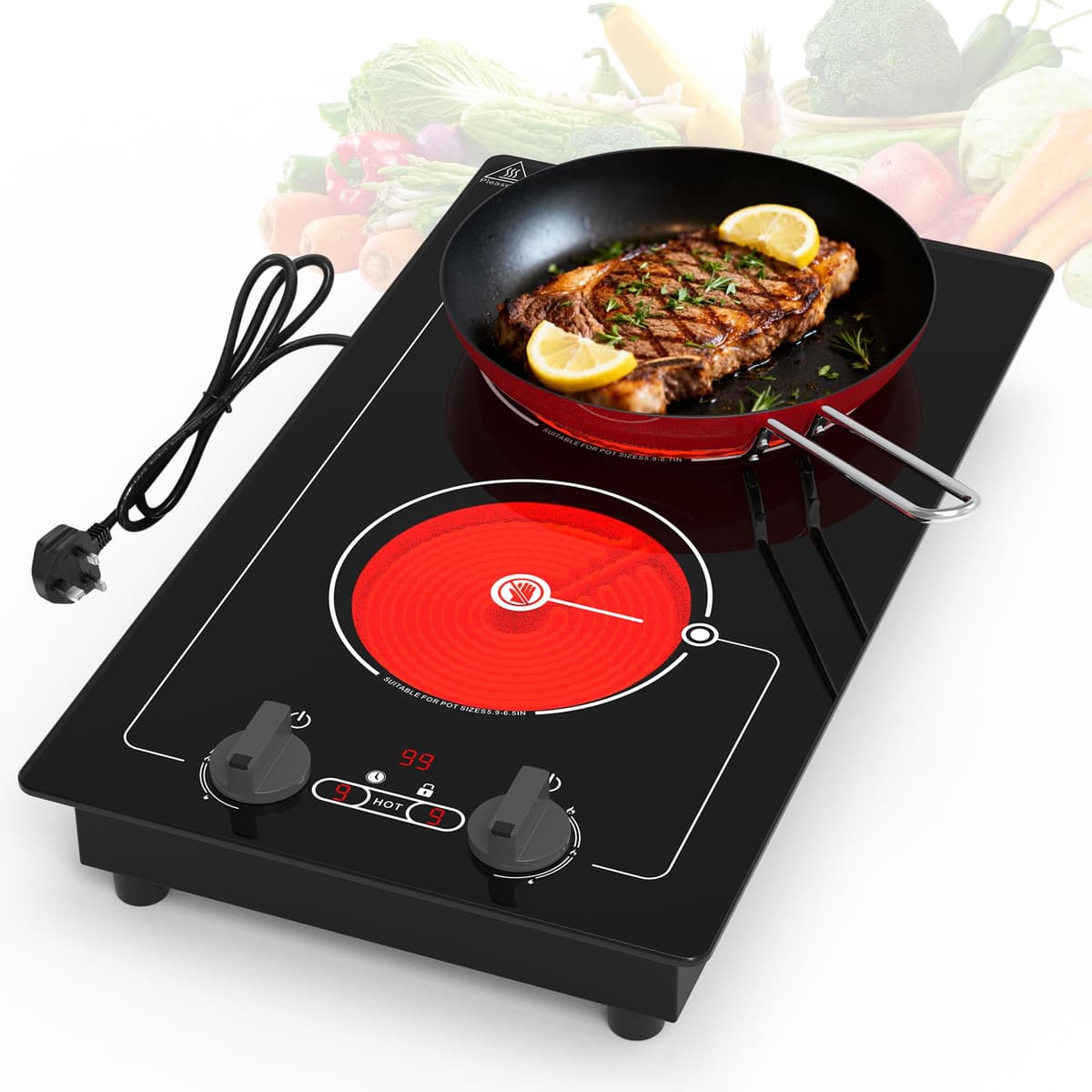 VBGK electric hob,Built-in Design and Countertop Stove Top with Knob Control&Touch Control,10 Power Level, Timer & Kid Safety Lock,220V 3000W 2 burner electric hob