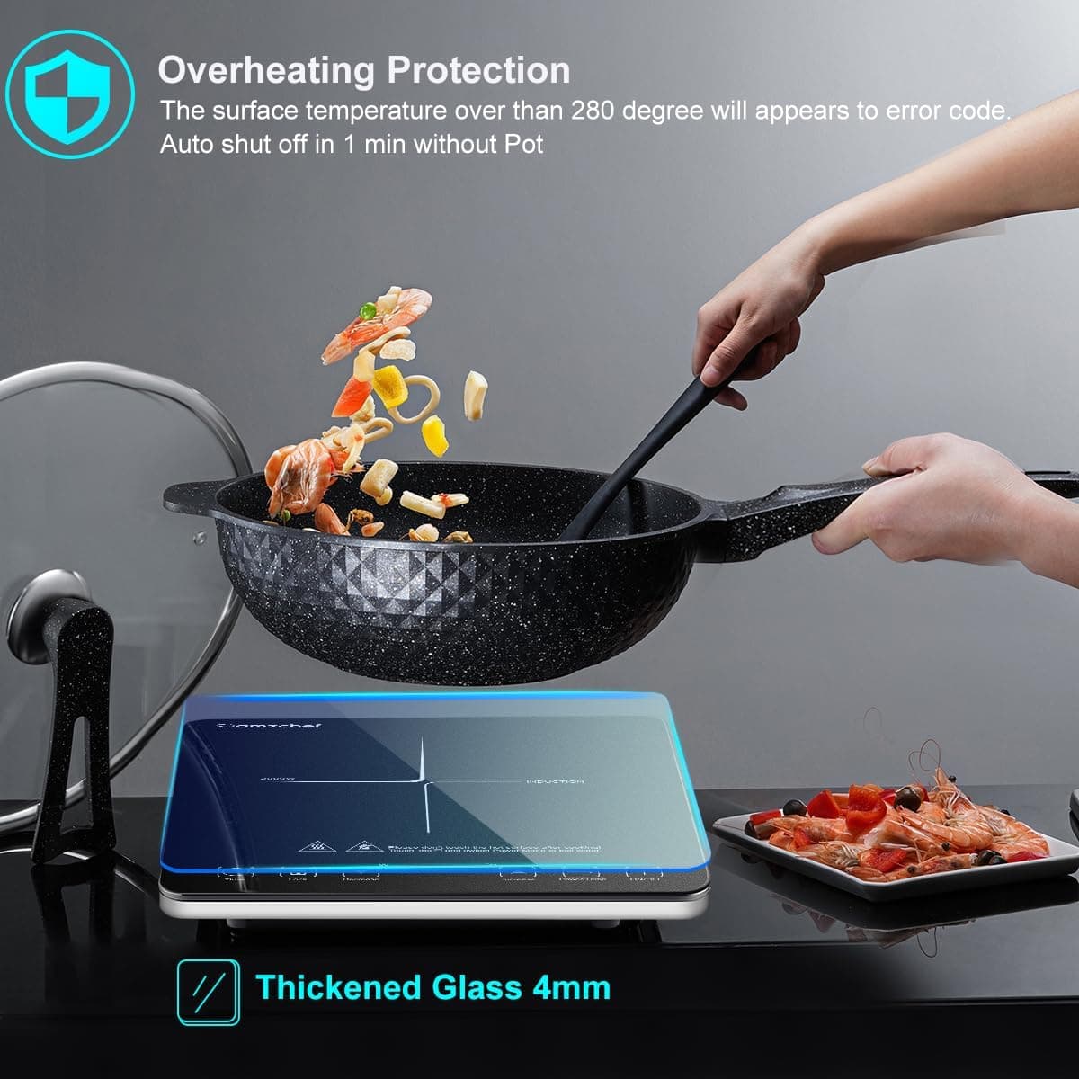 AMZCHEF Single Induction Cooker, Ultra-thin Induction Hob with Fashion Look, 10-level Power and Temperature Control, Black Frosted Glass Panel, Touch Sensor, 3-hour Timer, Safety Lock — view 3