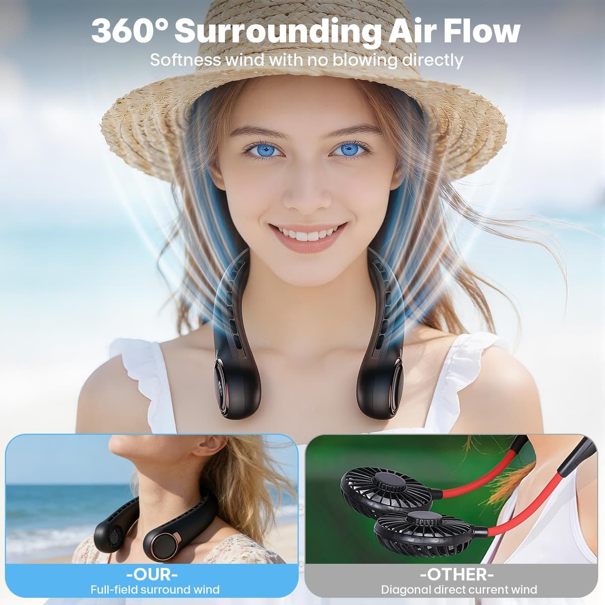 ACELIFE Ventilador de Cuello Portátil Silencioso con 6000 mAh, Sin Hojas, Ultraligero con Indicador LED, Refrigeración de 360°, 3 Velocidades, Negro — view 4