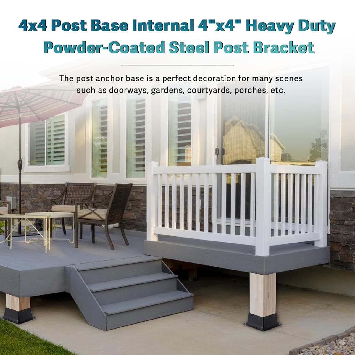 4 x 4 Post Base, 1 Pcs (Inner Size 4"x4"Deck Post Base) Fence Post Anchor Black Powder-Coated Deck Post Base Fit 4"x4" Standard Wood Post Anchor for Deck Porch Handrail Railing Support — view 2