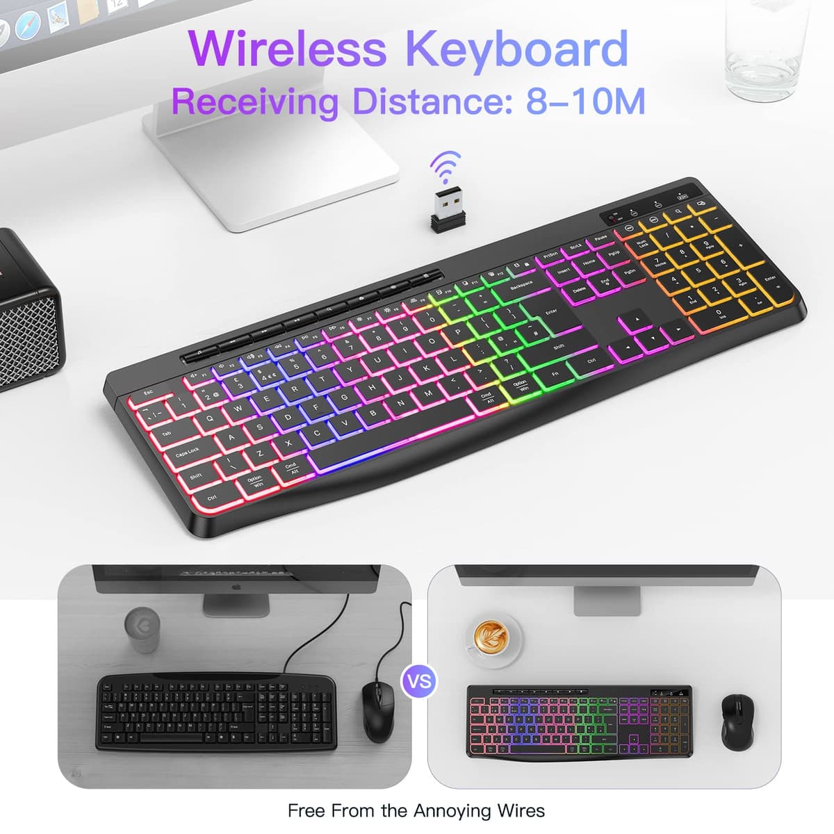 TECURS Wireless Keyboard QWERTY UK Layout, 2.4G Wireless Gaming Keyboard, LED Backlit, Ergonomic, Quiet, Rechargeable, Full Size Keyboard with Multimedia Keys for Computer/PC/Laptop/MAC/Windows — view 3