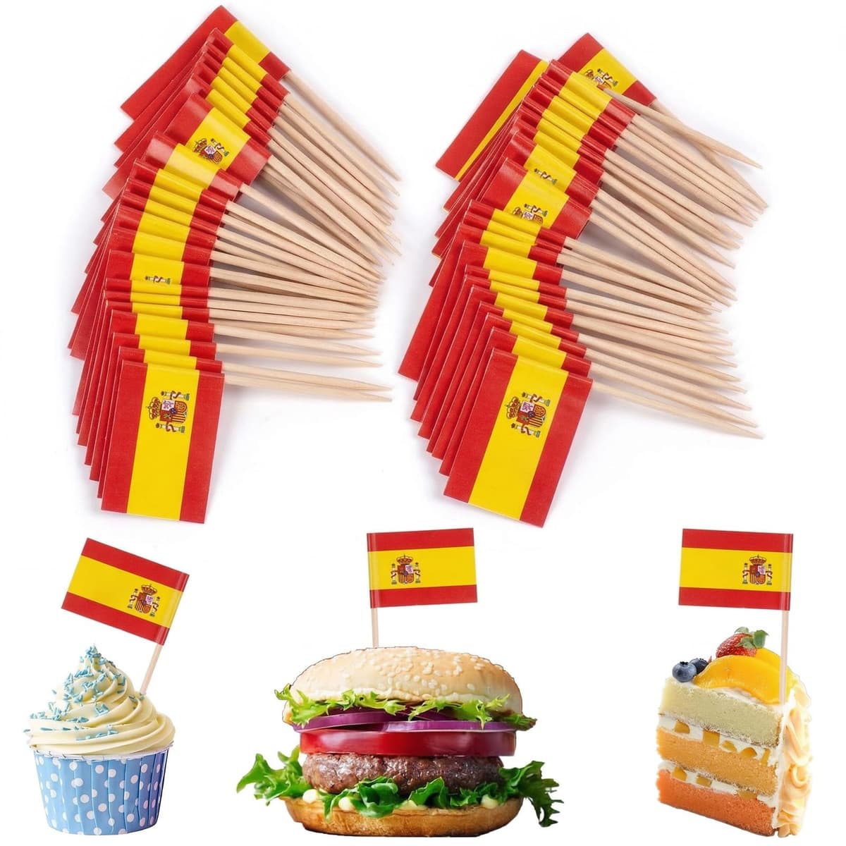 Banderas de Palillos España 2026-100Pcs Banderitas para Comida de España - Palillos con Banderas Españolas para Tapas, Canapés, Cócteles, Tartas y Fiestas