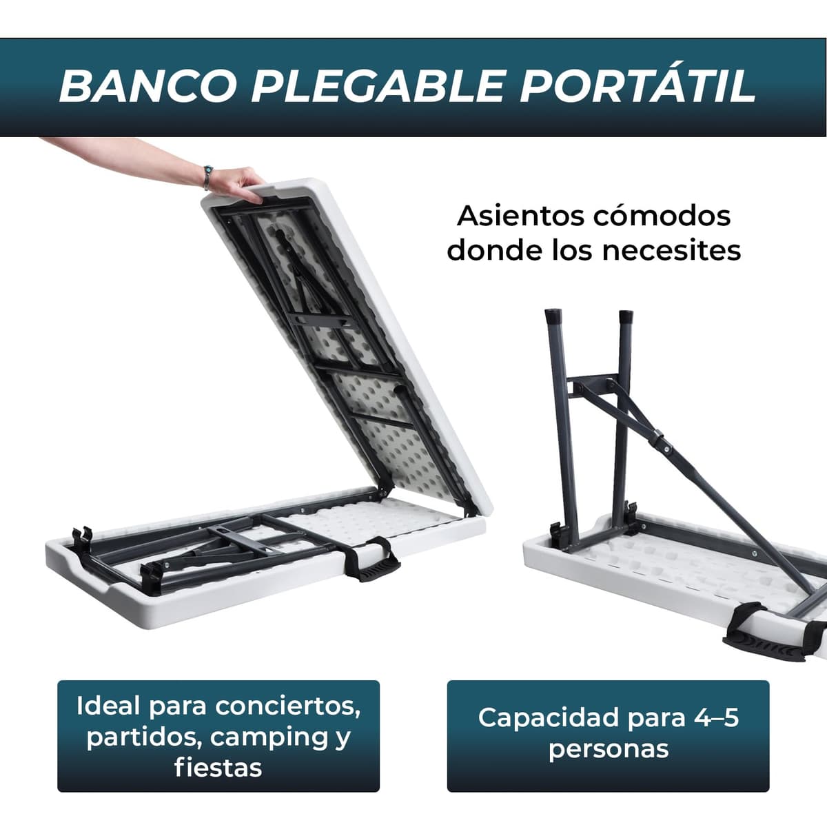 YOEVU Banco Plegable Portátil Multifuncional, Plástico HDPE, 183x28x43cm, Capacidad 300kg, para Jardín Exterior Camping y Patio, Moderno, Blanco — view 4