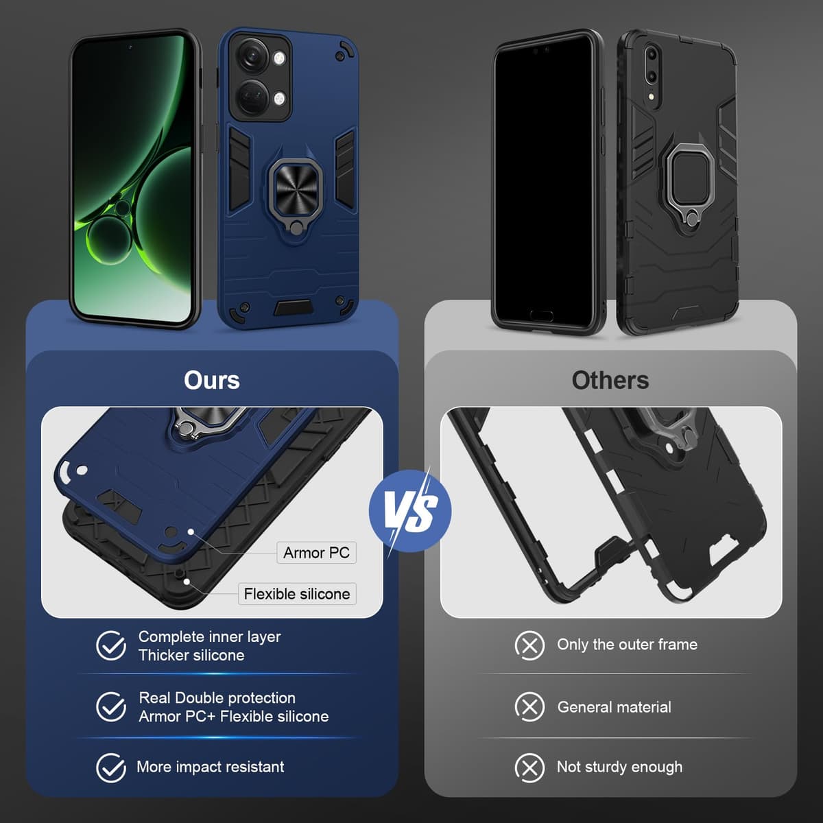 Funda para CMF Phone 2 Pro, Carcasa Antigolpes con Soporte anular metálico, Case Protectora de Grado Militar, Negro — view 587