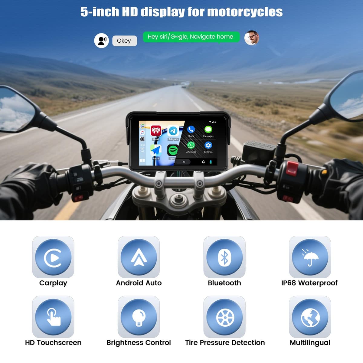 CAMECHO navegador Moto con Wireless CarPlay/Android Auto, Pantalla carplay Moto 5" HD IP68 Impermeable para Motocicletas con Car Play/Bluetooth/detección de presión — view 2
