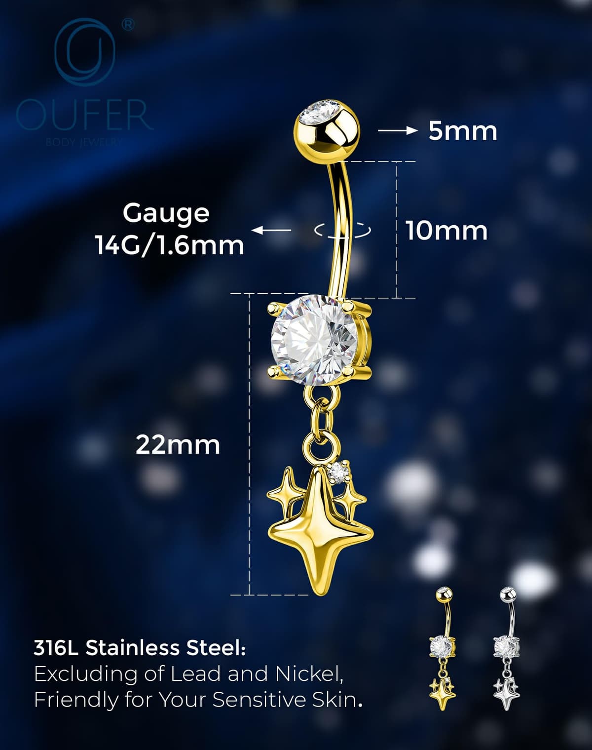 OUFER Body Piercing Belly Bar: 14G 316L Stainless Steel Navel Ring Star Dangle CZ Navel Piercing Jewellery Gold/Silver 1.6mm/10mm Belly BUtton Rings for Beach Party Women — view 4