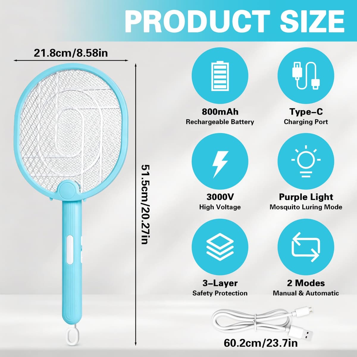 Raqueta Eléctrica Anti-Mosquitos Extra Potente 3000V, 3 en 1 con Luz UV Atractiva, Matamoscas Eléctrico Recargable USB-C, Silencioso, Plegable y Seguro para Dormitorio, Cocina y Jardín (Azul) — view 2