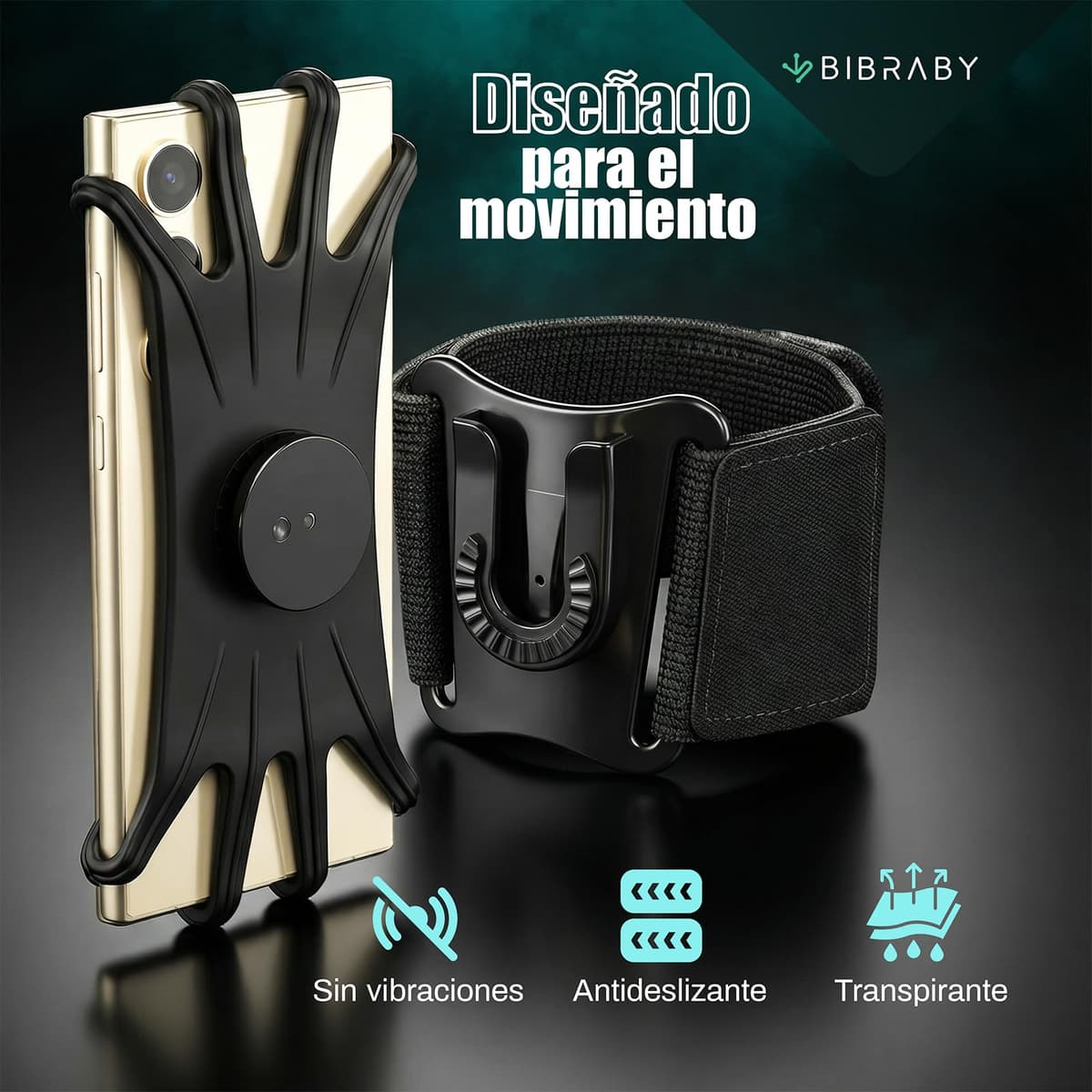 BIBRABY Super Brazalete móvil en Funcionamiento Running | Soporte Universal para movil Ajustable a Brazo y muñeca | Accesorios Antideslizantes | Correr Caminar Gimnasio | Phones hasta 7'' (Negro) — view 5