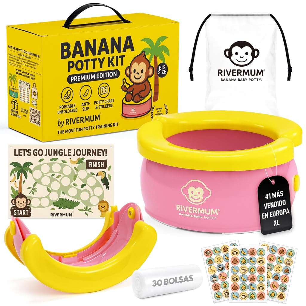 Kit Orinal Portatil Niños Plegable Banana XL, Orinal Infantil Pórtatil para viajes o casa, WC Inodoro portatil Niños, Potty Training, Incluye Bolsas, Pegatinas y Cacalendario (ROSA)