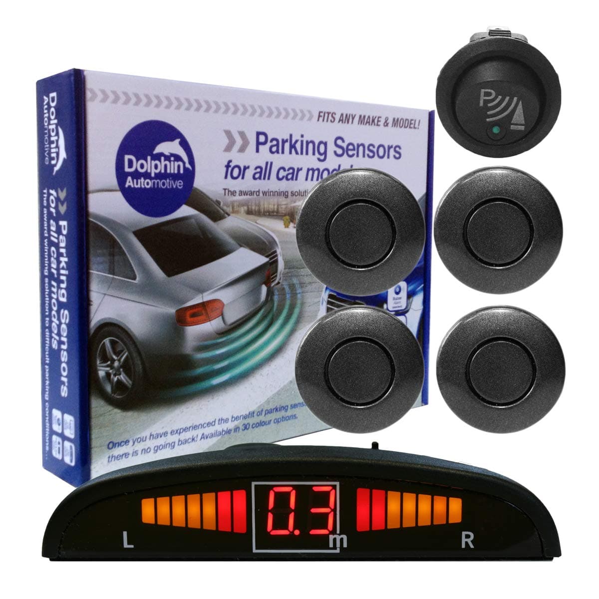 Dolphin Automotive DPS450F Front Parking Sensors In 32 Colours 4 Ultrasonic Radar Sensors Kit Audio & Display Alert System Matt & Gloss Black +30 More Colours (Sea Blue) — view 5