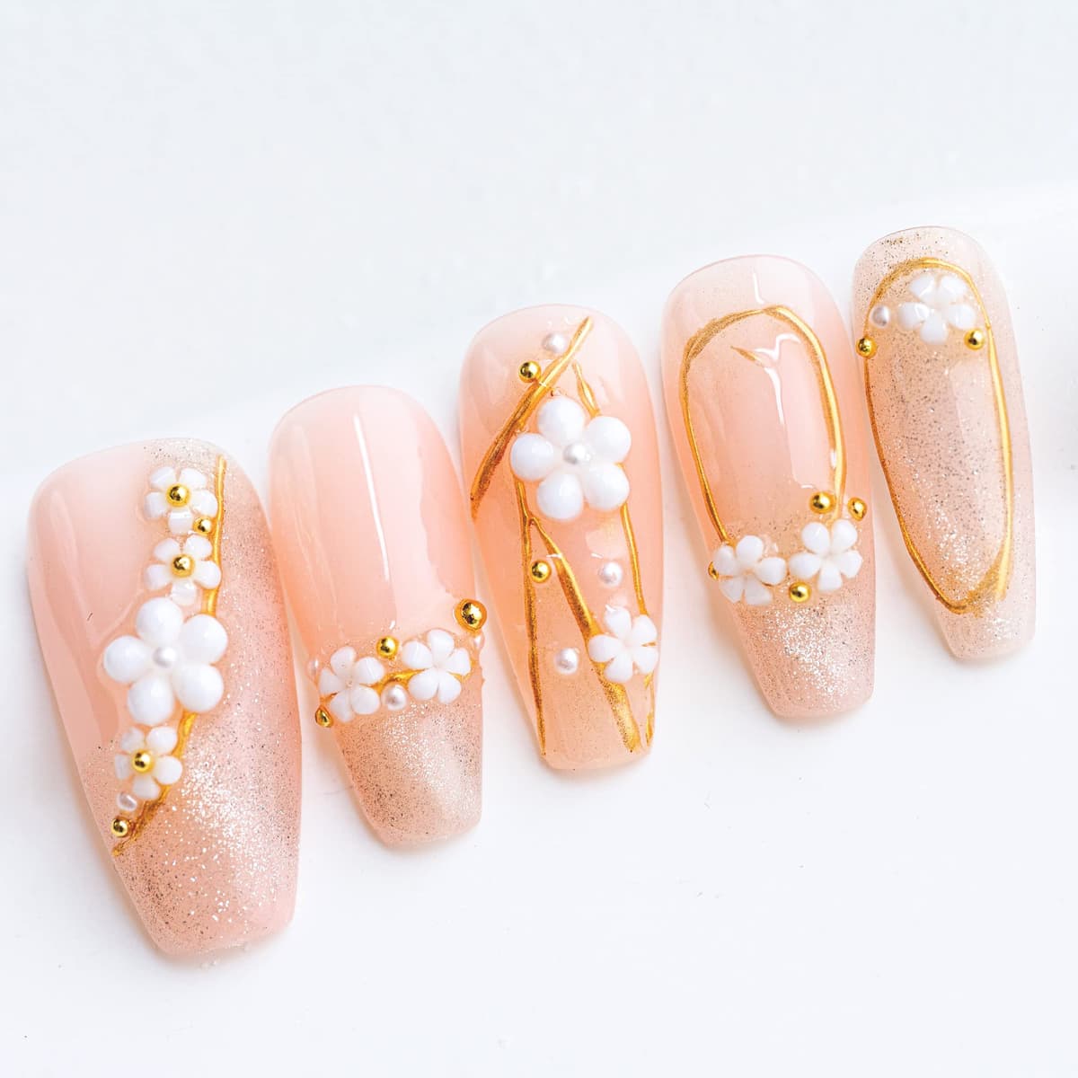 Sun&Beam Nails Handmade Press On Nail Long Coffin Ballerina Pink Flower Acrylic Fake Tip 3D Design Art Charms Cute with Storage Box 10 Pcs (S) — view 341