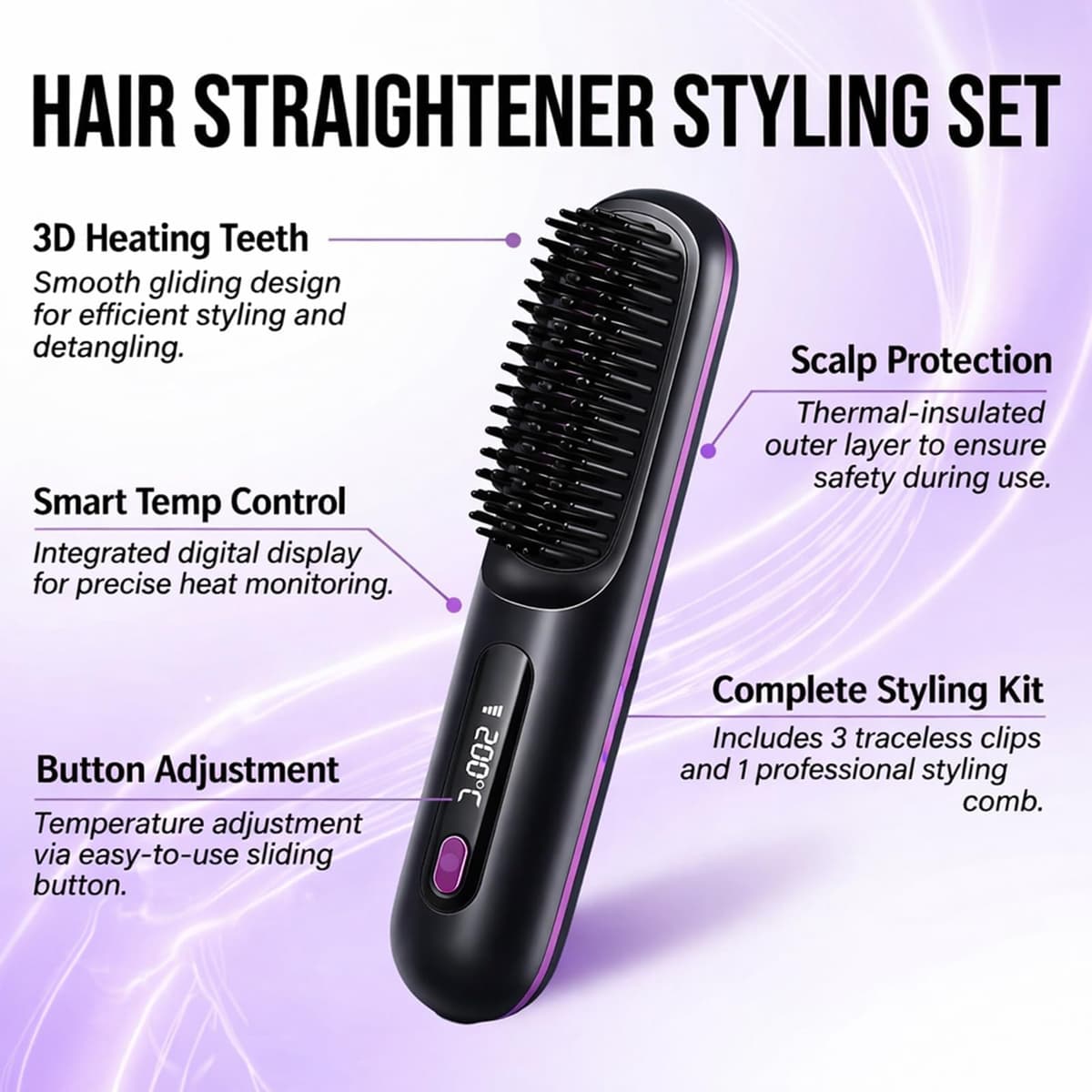 Cepillo Alisador Pelo Inalambrica, Escova Alisadora de Cabelo Iónico, Peine Alisador de Cabello Electrico Portátil, Recarga USB, con Pantalla LCD, 3 Modos Ajustable, 160-200°C, Mini Plancha Pelo — view 5