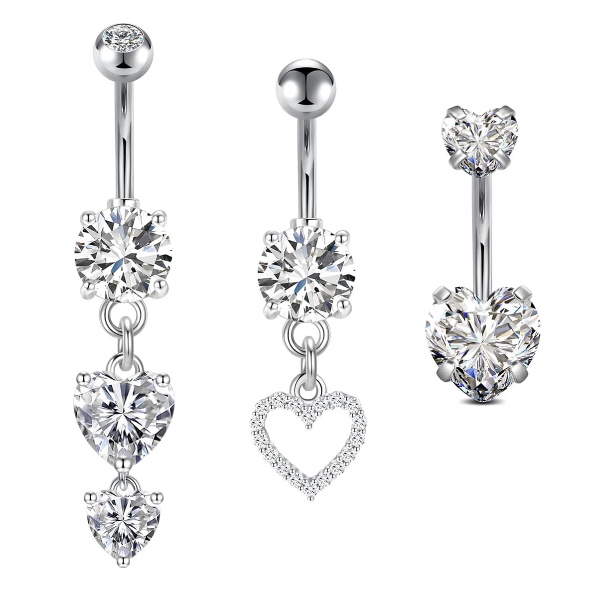 FECTAS 3pcs Belly Button Bars Silver Gold Belly Bar Surgical Steel 14G Navel Bars Belly Button Piercing Jewellery Heart Butterfly Dangle
