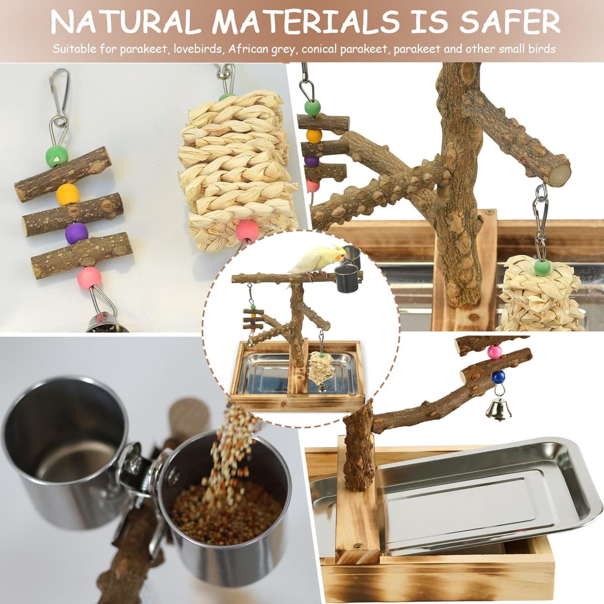 Aves Juego Stand - Puesto de Madera para Loros, Aves Stand con Percha, Taza de Alimentación, Bandeja y Juguetes de Gimnasio de Ejercicios para Pájaros Pequeños y Medianos — view 4