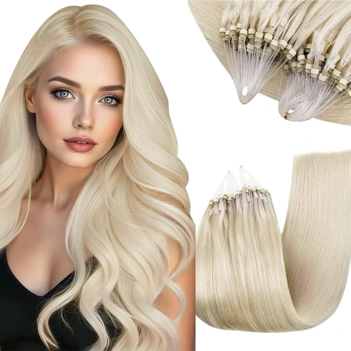RUNATURE 18 Inch Nano Beads Hair Extensions Real Human Hair Ice Blonde Nano Hair Extensions Real Human Hair White Blonde Invisible Nano Rings Straight Remy Hair 50g 50s #800 — view 15