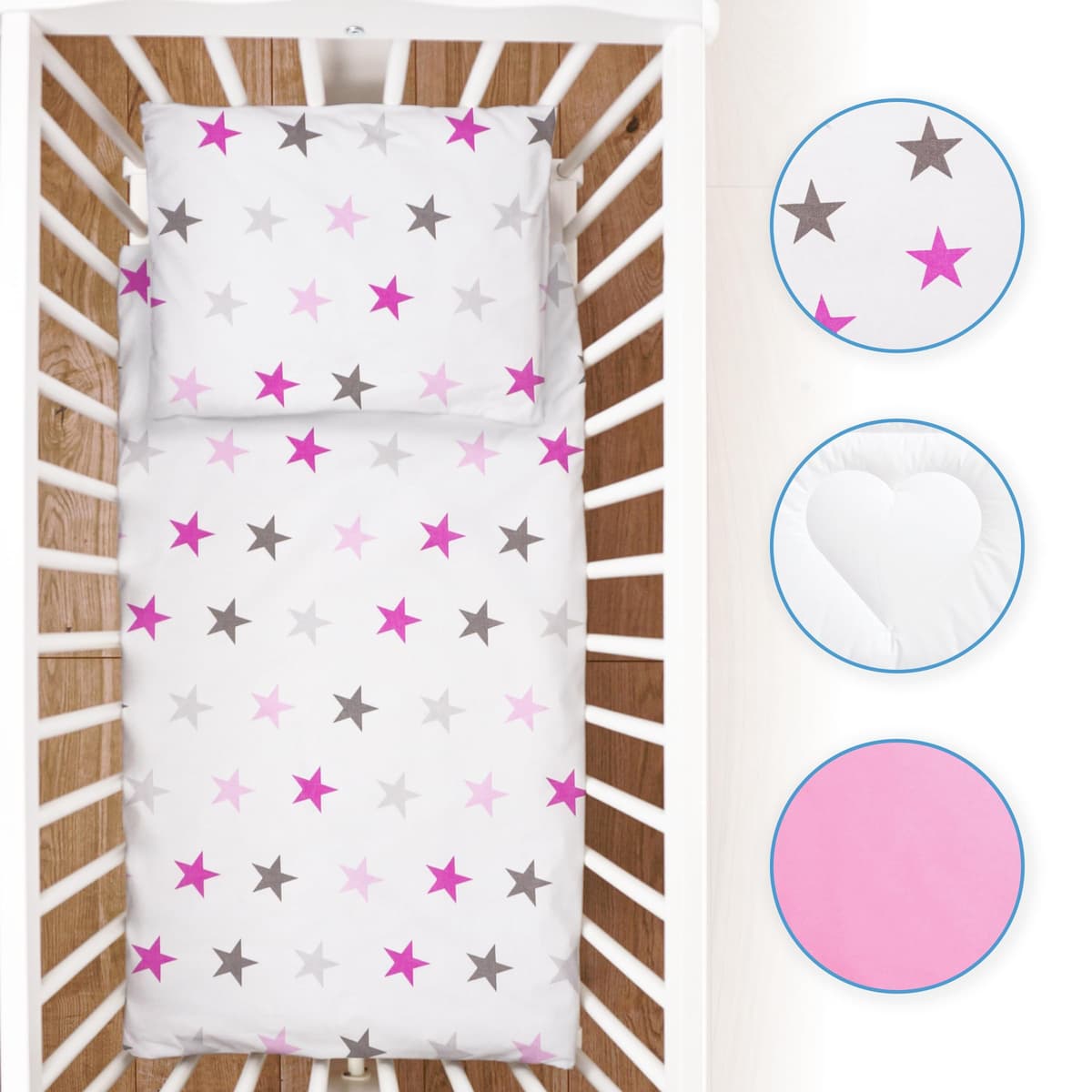 Baby Comfort 5 Piece Toddler Bedding Duvet Pillow with Covers & Jersey Sheet fits 90x40cm Crib 12M+ (Pink Stars) — view 3